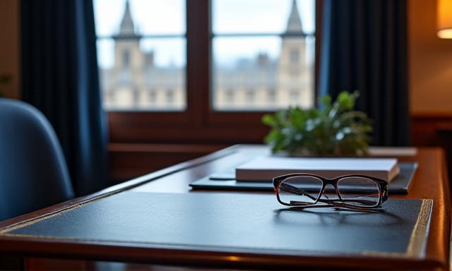 Professional lawyer's desk in London with a view of Westminster Bridge